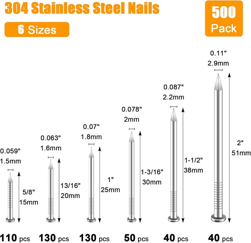 KURUI 500Pcs Stainless Steel Wall Nails Assortment Kit, 6 Sizes Long Nails for Hanging Picture Frames,Wall Decor,Shelves, Wood, Drywall, Small Nails, Finishing Nail, with Storage Box - Image 3